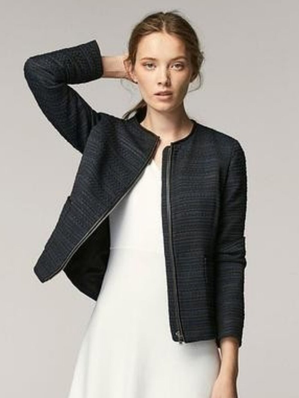 Massimo Dutti textured bouclé tweed zip jacket black, blue women's size 10